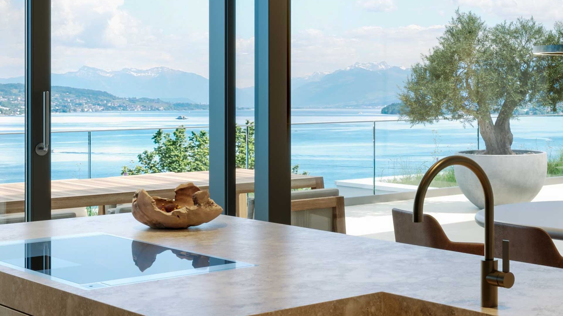 Küche der Liegenschaft AZURÉ in Kilchberg, Zürich, mit Aussicht auf den Zürichsee