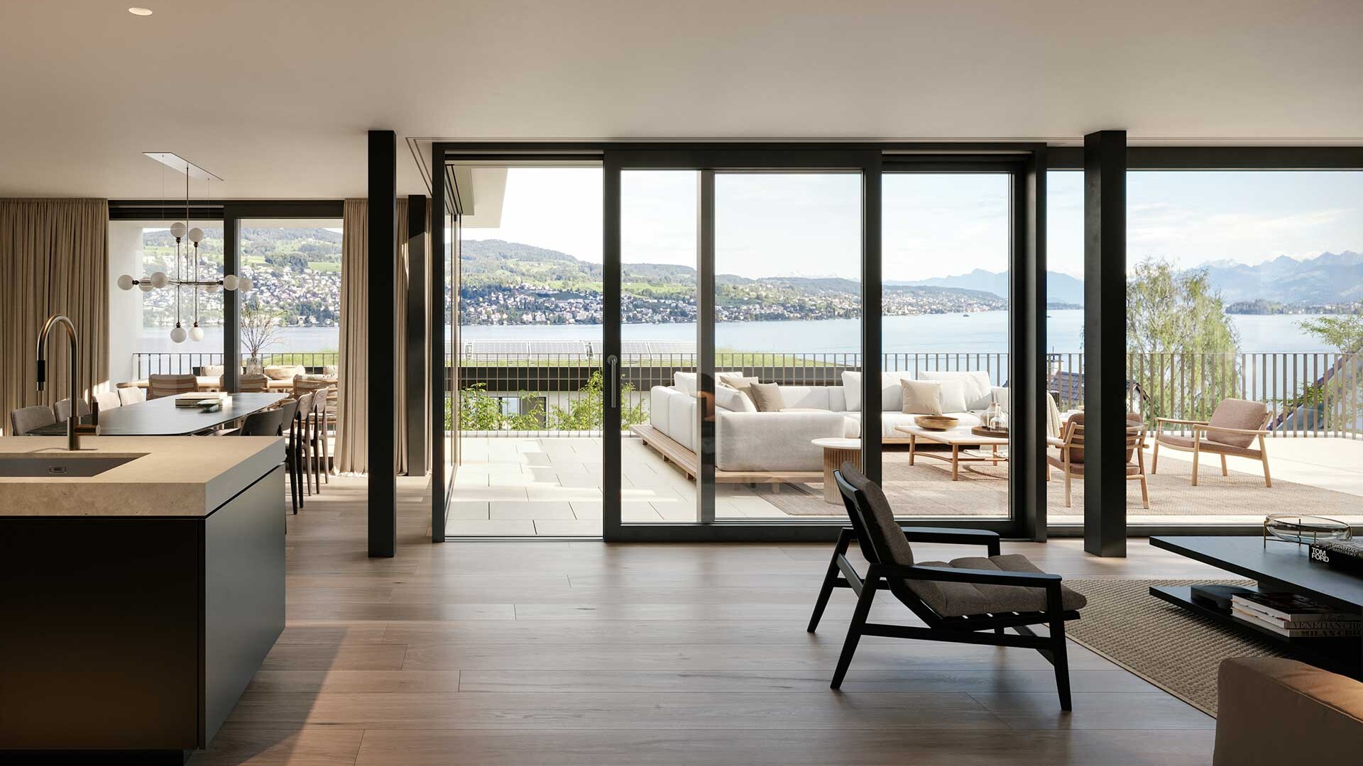 Wohnzimmer mit Seesicht der Liegenschaft BELAIR in Oberrieden
