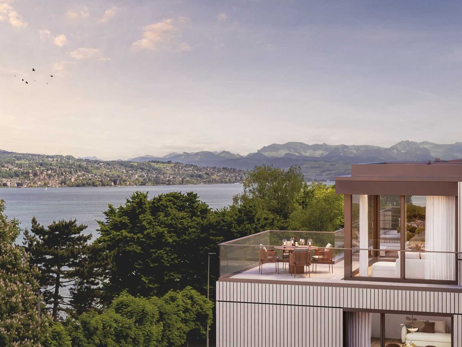 Aussenansicht auf einen Balkon der Liegenschaft AZURÉ in Kilchberg mit Blick auf den Zürichsee