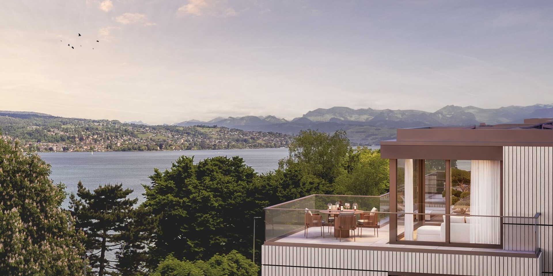 Exterior view of a balcony at the AZURÉ property in Kilchberg with a view of Lake Zurich