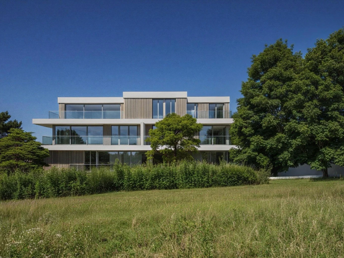 Aussenansicht der Liegenschaft PARK SIDE in Kilchberg, Zürich, mit Balkonen und Terrassen im Grünen
