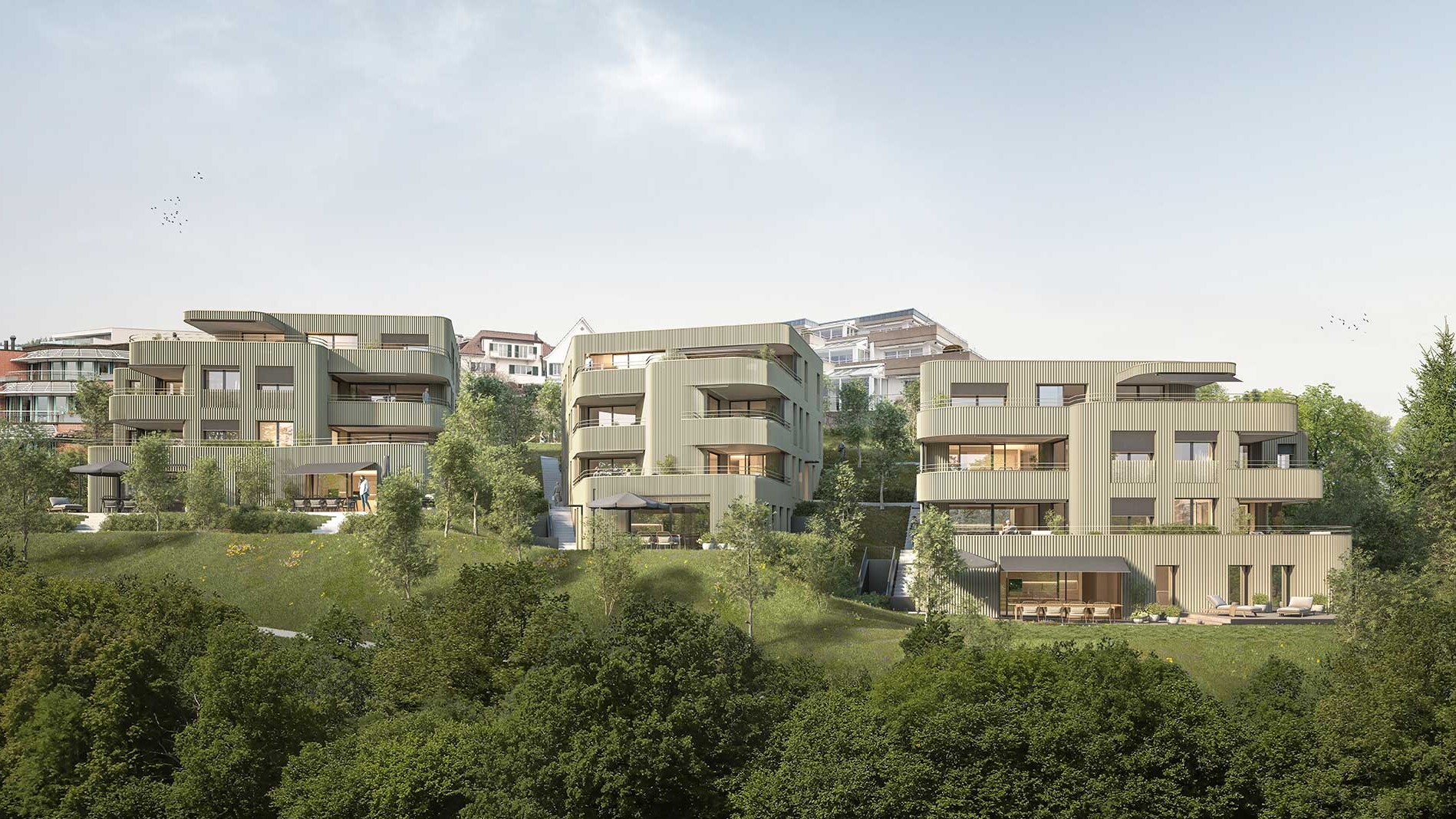 Exterior view of the balconies and terraces of the entrance area of the CASA ORO property in Feldmeilen on Lake Zurich