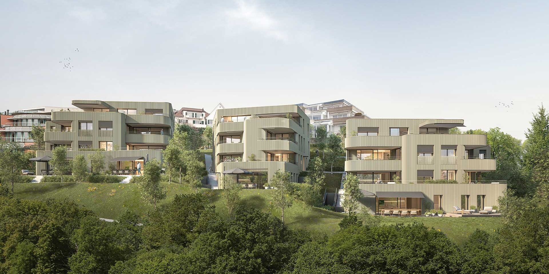Exterior view of the balconies and terraces of the entrance area of the CASA ORO property in Feldmeilen on Lake Zurich