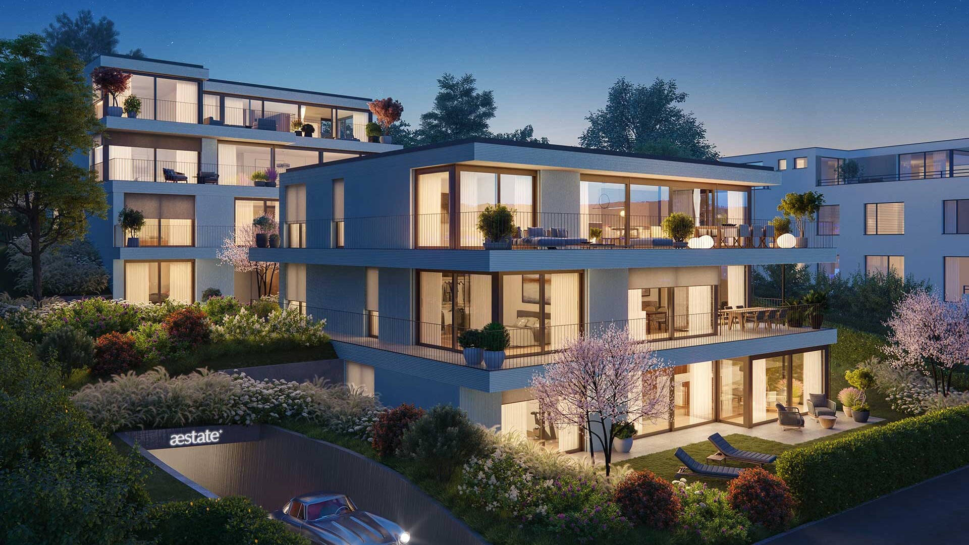 Exterior view at dusk of the ROSENWEG property in Zollikon, Zurich