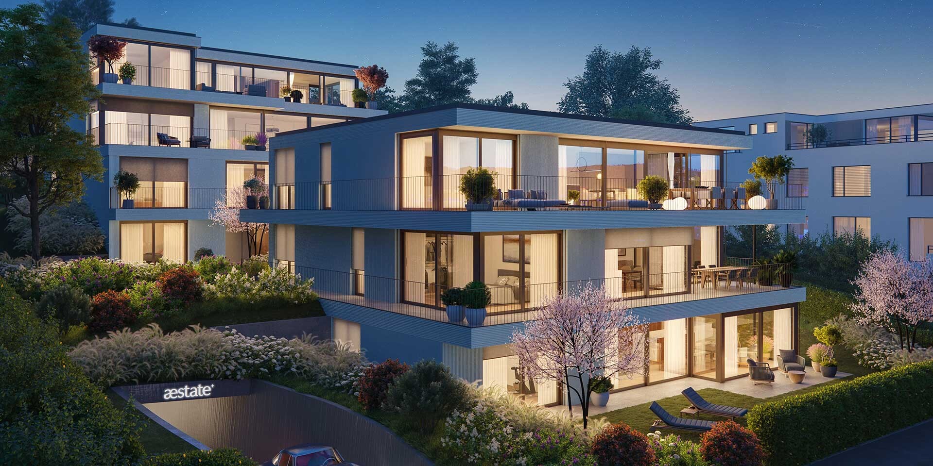 Exterior view at dusk of the ROSENWEG property in Zollikon, Zurich